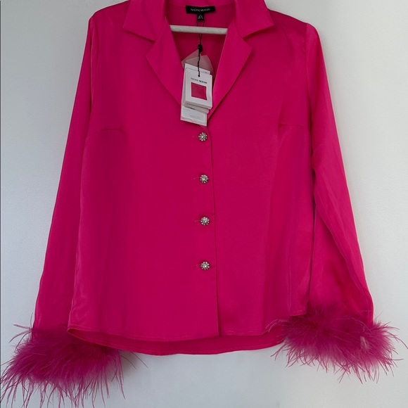 Gorgeous NADINE MERABI Taylor feather blouse w/rhinestone buttons. - Picture 5 of 13